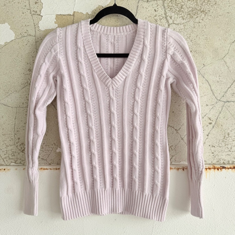 Y2K Cable Knit Sweater Pastel‎ Pink V Neck Preppy Coquette Tenniscore Womens S